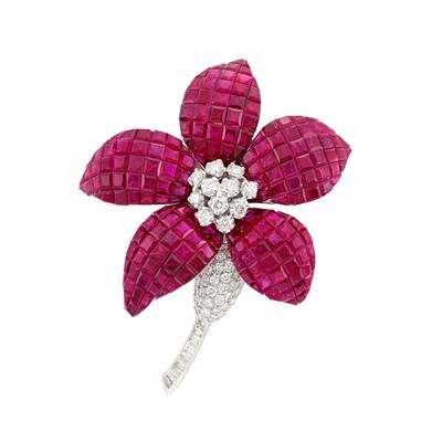 Lot 470 - White Gold, Invisibly-Set Ruby and Diamond Flower Brooch