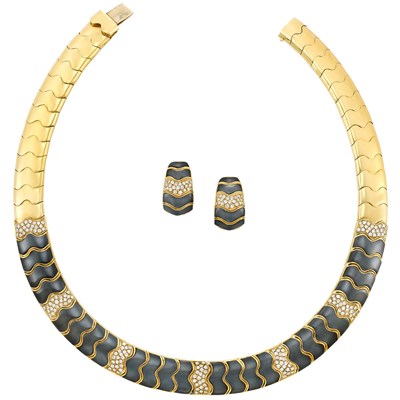 Lot 9 - Gold, Hematite and Diamond Necklace and Pair of Earclips