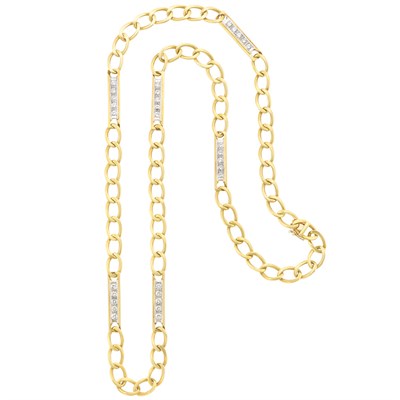Lot 11 - Long Two-Color Gold and Diamond Curb Link Chain Necklace