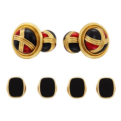 Lot 567 - Pair of Gold, Black Onyx and Enamel Cufflinks and Four Gold and Black Onyx Buttons