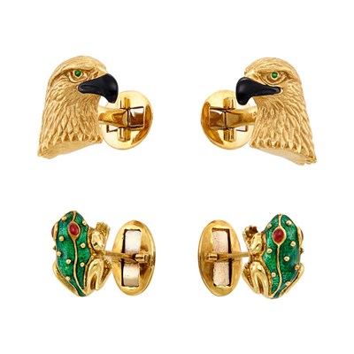 Lot 569 - Pair of Gold and Black Enamel Eagle Head Cufflinks and Pair of Gold, Green Enamel and Cabochon Ruby Frog Cufflinks