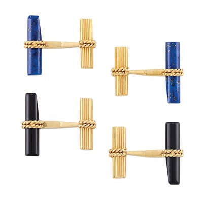 Lot 571 - Pair of Gold, Lapis and Black Onyx Cufflinks, France