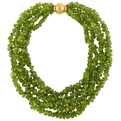 Lot 152 - Five Strand Tumbled Peridot Bead Torsade Necklace with Gold Magnetic Clasp