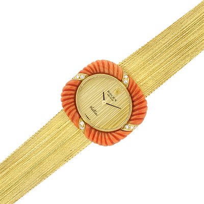 Lot 192 - Gold, Fluted Coral and Diamond 'Cellini' Mesh Wristwatch, Rolex