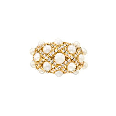 Lot 150 - Gold, Cultured Pearl and Diamond Bombe Ring, France