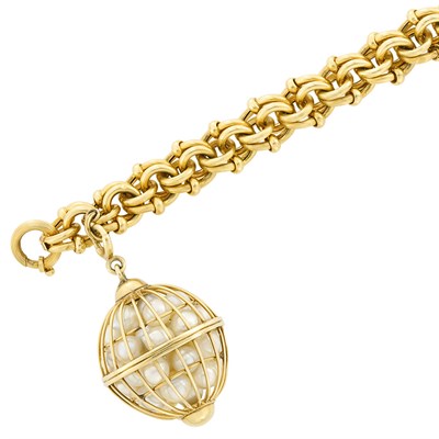 Lot 246 - Gold and Cultured Pearl Charm Bracelet