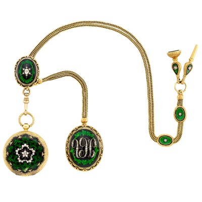 Lot 595 - Antique Gold, Silver Enamel and Diamond Hunting Case Pocket Watch and Brooch and Double Strand Gold Fob Attachment