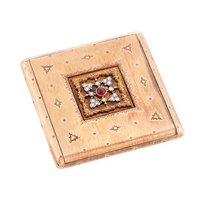 Lot 193 - Two-Color Gold, Cabochon Ruby and Diamond Compact, Mario Buccellati