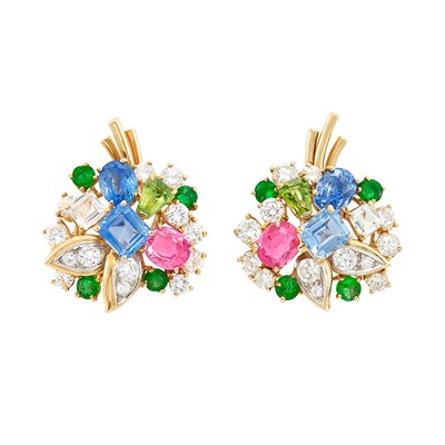 Lot 146 - Pair of Gold, Multicolored Sapphire, Emerald and Diamond Earclips, Attributed to Oscar Heyman Brothers