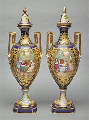 Lot 498 - Pair of Sevres Style Cobalt Ground Porcelain...