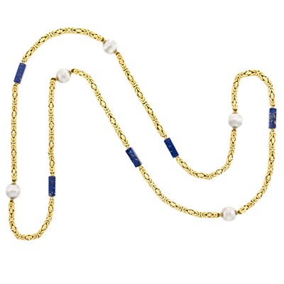 Lot 257 - Gold, Lapis and White Gold Bead Chain Necklace