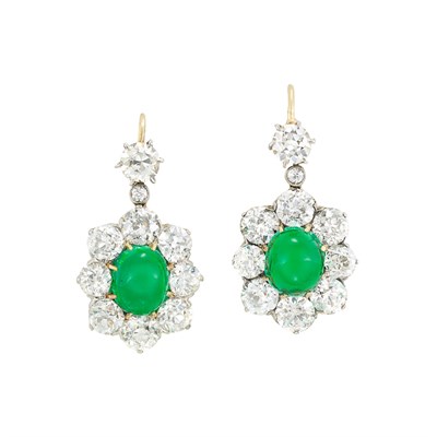 Lot 242 - Pair of Antique Platinum, Gold, Cabochon Emerald and Diamond Earrings