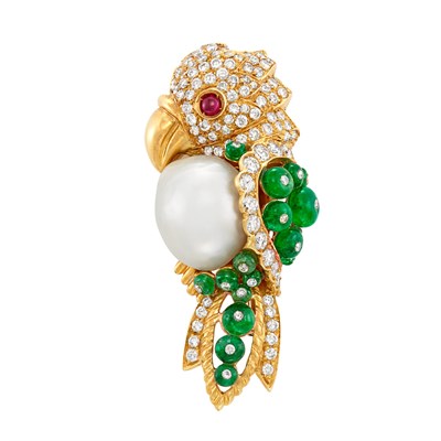 Lot 290 - Gold, Semi-Baroque South Sea Cultured Pearl, Emerald Bead, Diamond and Cabochon Ruby Bird Clip-Brooch