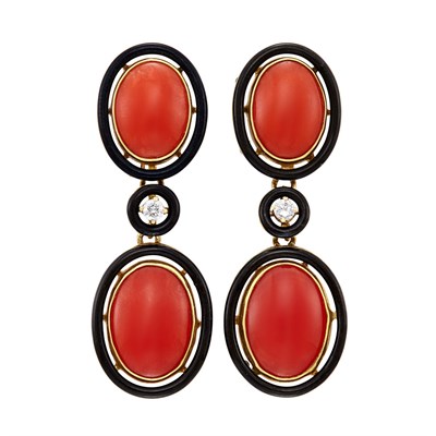 Lot 545 - Pair of Gold, Oxblood Coral, Black Enamel and Diamond Pendant-Earrings