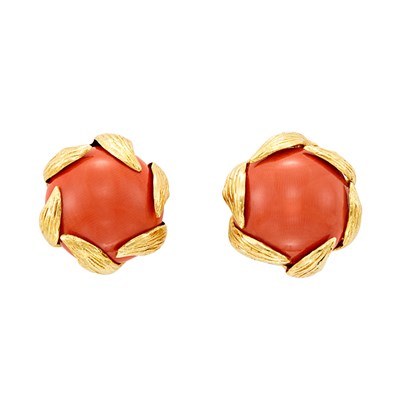 Lot 187 - Pair of Gold and Coral Earclips, David Webb
