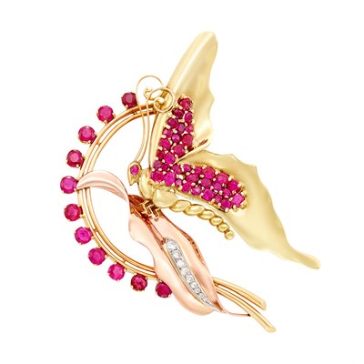 Lot 237 - Two-Color Gold, Ruby and Diamond Clip-Brooch