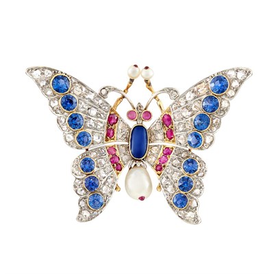 Lot 56 - Antique Platinum-Topped Gold, Gem-Set, Diamond and Pearl Butterfly Brooch, Schumann Sons