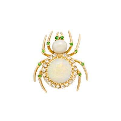 Lot 19 - Antique Gold, Opal, Freshwater Pearl, Diamond and Demantoid Garnet Spider Pendant-Brooch