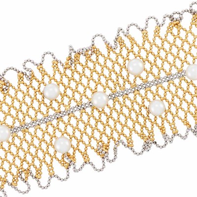 Lot 495 - Two-Color Gold and Cultured Pearl Mesh Cuff Bracelet