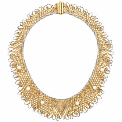 Lot 493 - Two-Color Gold and Cultured Pearl Mesh Necklace