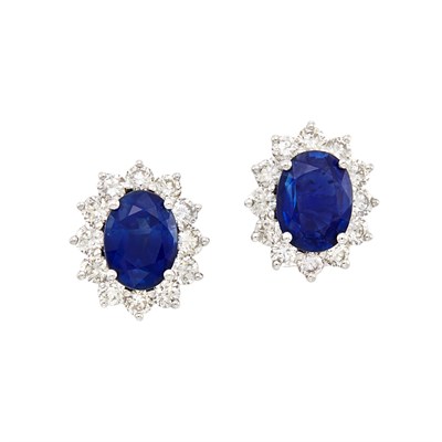 Lot 453 - Pair of White Gold, Sapphire and Diamond Earrings