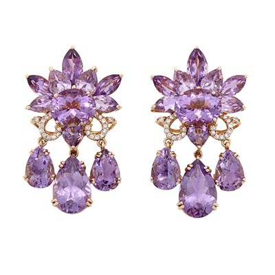 Lot 490 - Pair of Rose Gold, Amethyst and Diamond Pendant-Earclips