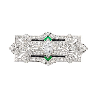 Lot 121 - Platinum, Diamond, Black Onyx and Emerald Pendant-Brooch