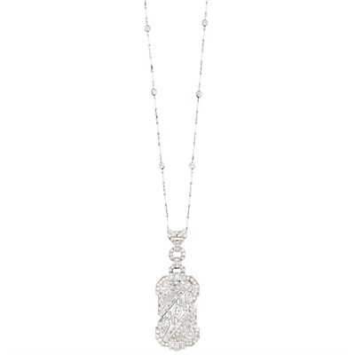 Lot 235 - Platinum and Diamond Pendant-Brooch with White Gold and Diamond Chain