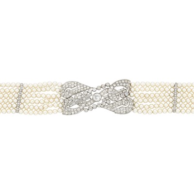 Lot 239 - Six Strand Cultured Pearl, Platinum, White Gold and Diamond Choker Necklace