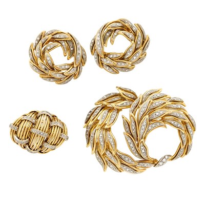 Lot 573 - Two-Color Gold and Diamond Brooch, Pair of Earclips and Ring