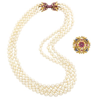 Lot 539 - Triple Strand Cultured Pearl Necklace with Gold, Ruby and Diamond Clasp and Gem-Set and Diamond Brooch