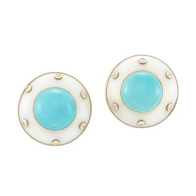 Lot 335 - Pair of Gold, Turquoise, White Agate and Diamond Earrings