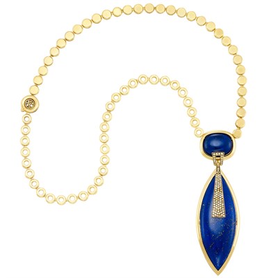 Lot 342 - Gold, Lapis, Diamond and Colored Diamond Pendant-Necklace