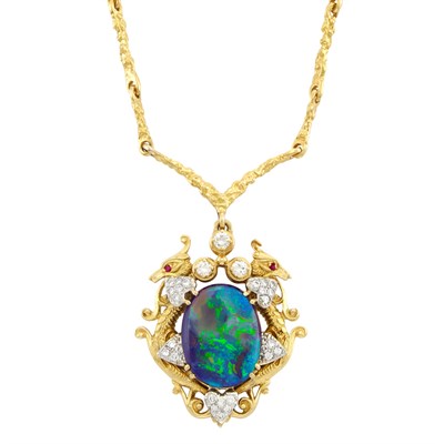 Lot 320 - Two-Color Gold, Black Opal, Ruby and Diamond Pendant-Necklace
