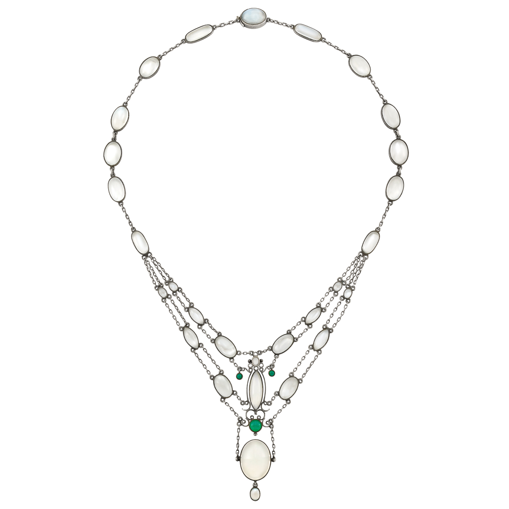 Lot 59 - Antique Silver, Opal, Moonstone and Chrysoprase Necklace
