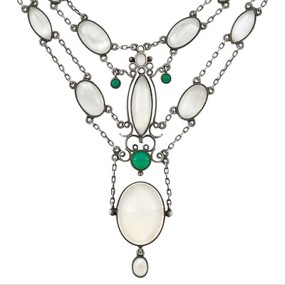 Lot 59 - Antique Silver, Opal, Moonstone and Chrysoprase Necklace