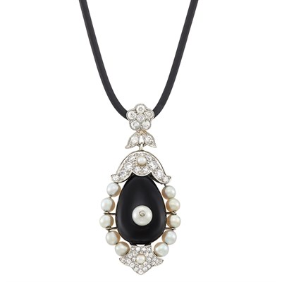 Lot 14 - Platinum, White Gold, Black Onyx, Pearl and Diamond Pendant with Black Cord Necklace