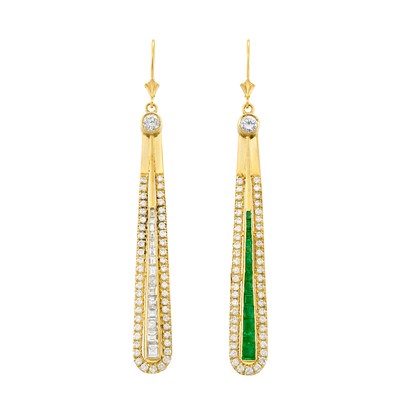Lot 316 - Pair of Gold, Diamond and Emerald Pendant-Earrings