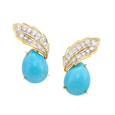 Lot 93 - Pair of Gold, Platinum, Turquoise and Diamond Earclips