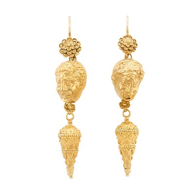 Lot 22 - Pair of Gold Figural Face Pendant-Earrings