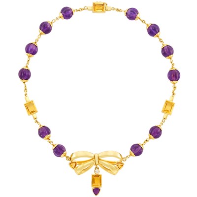 Lot 131 - Gold, Amethyst Bead, Citrine and Diamond 'Bow' Necklace, Valentino