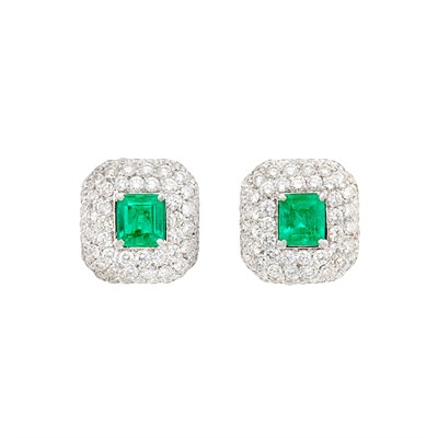Lot 299 - Pair of White Gold, Emerald and Diamond Earclips