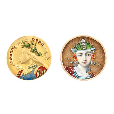 Lot 46 - Antique Gold and Enamel Pin, Jeranne Darc and Antique Gold, Enamel and Diamond Portrait Pin
