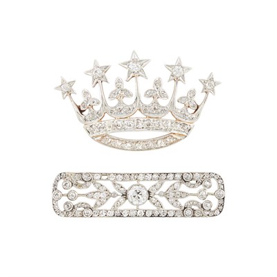 Lot 65 - Antique Platinum-Topped Gold and Diamond Crown Pendant-Brooch and Platinum and Diamond Pin