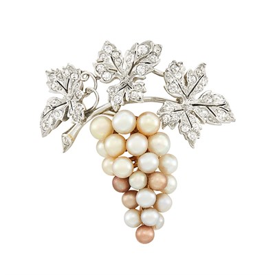 Lot 3 - Antique Platinum-Topped Gold, Diamond and Multicolored Pearl Grape Cluster Pin, Kohn