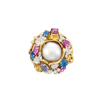 Lot 138 - Two-Color Gold, Semi-Baroque Cultured Pearl, Diamond and Multicolored Sapphire Ring