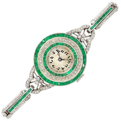Lot 463 - Edwardian Platinum, Diamond and Emerald Wristwatch