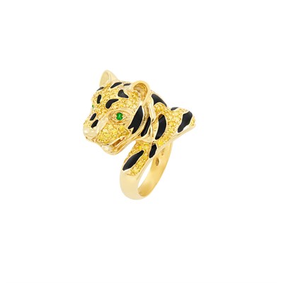 Lot 84 - Gold, Yellow Diamond, Enamel and Emerald Tiger Ring