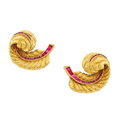Lot 363 - Pair of Gold and Ruby Feather Earclips, Tiffany & Co.