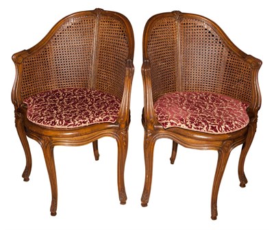 Lot 329 - Pair of Louis XV Style Caned Fruitwood Tub Chairs